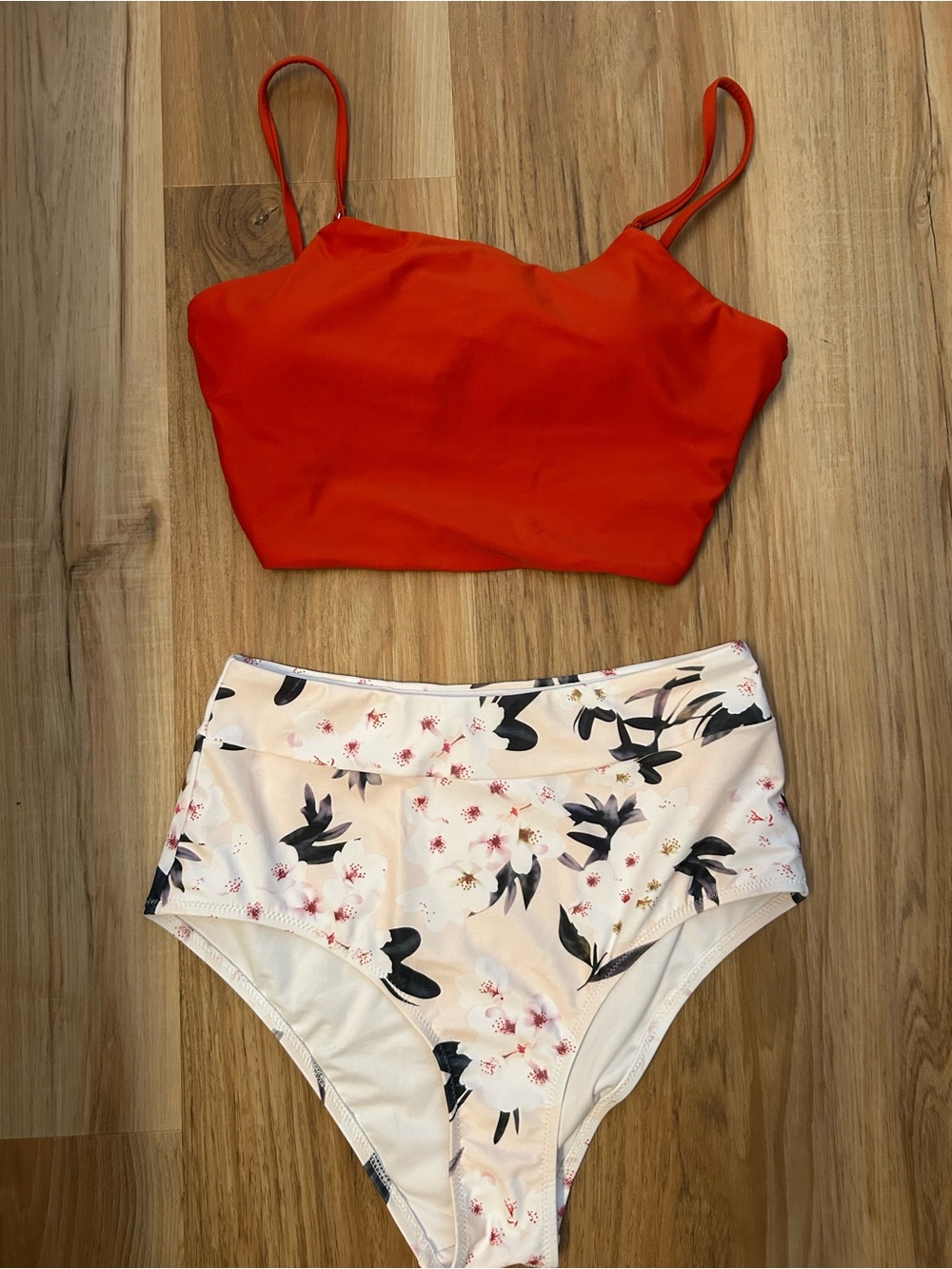 Police Red Tankini Top with Cream Floral High-Waist Bikini Bottoms